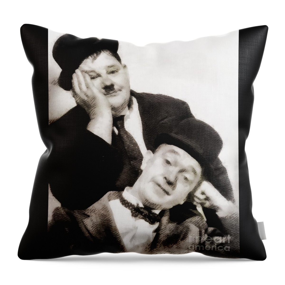 Hollywood Throw Pillow featuring the painting Laurel and Hardy, Vintage Comedians by Esoterica Art Agency
