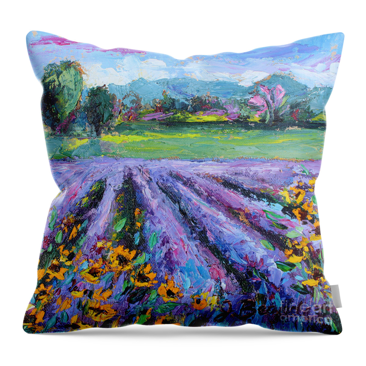 Impressionist Lavender Field Throw Pillow featuring the painting Lavender and Sunflowers in Bloom by Jennifer Beaudet