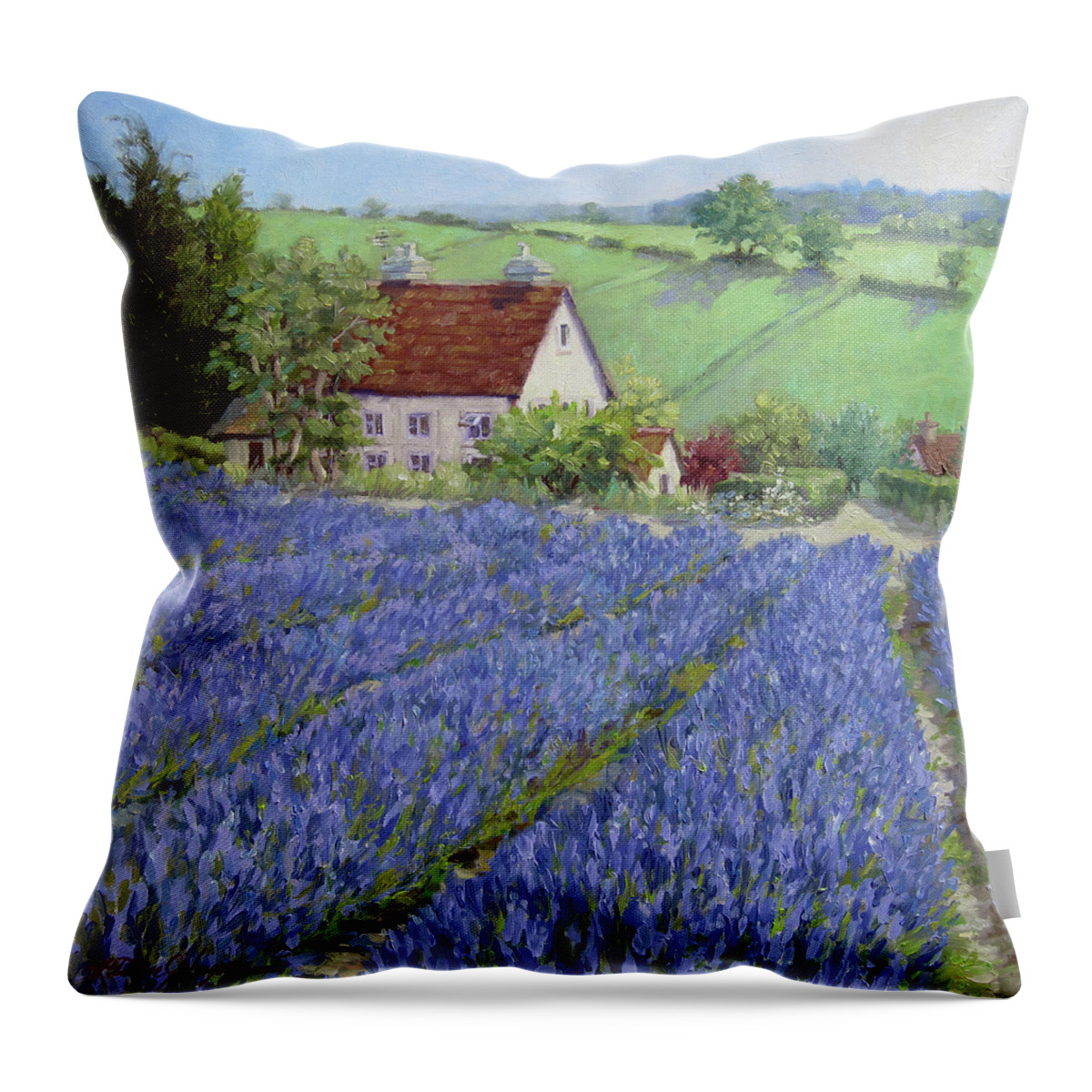 England Landscape Throw Pillow featuring the painting Lavender Hill by L Diane Johnson