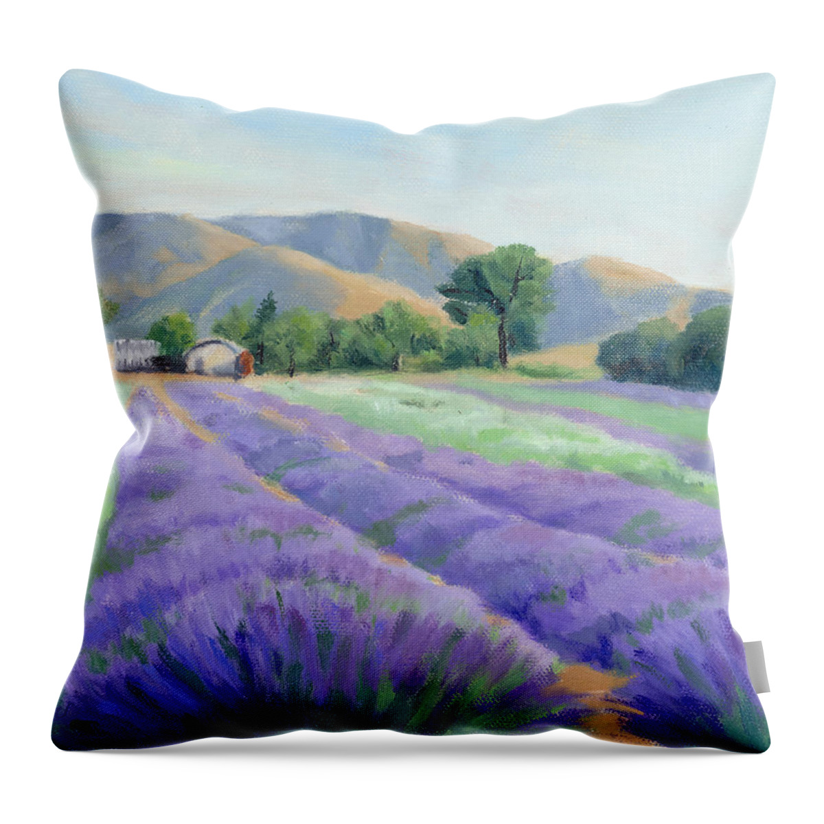 California Landscape Throw Pillow featuring the painting Lavender Lines by Sandy Fisher
