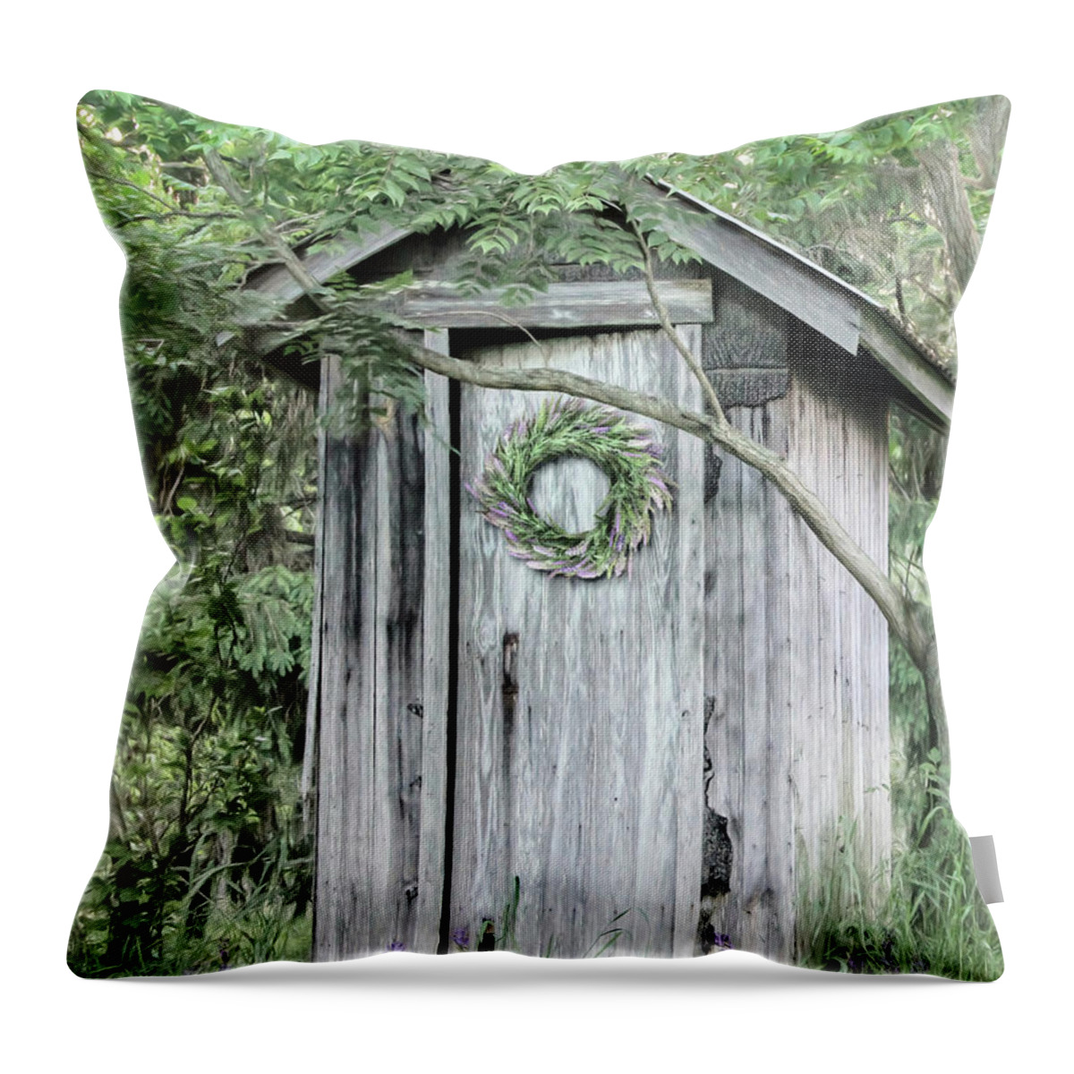 Outhouse Throw Pillow featuring the photograph Lavender Outhouse by Lori Deiter