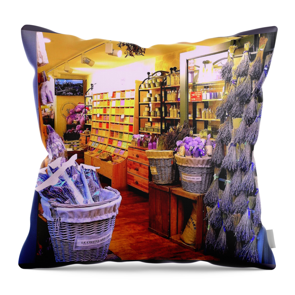Lavenderprint Throw Pillow featuring the photograph Lavender Shop in Southern France by Monique Wegmueller