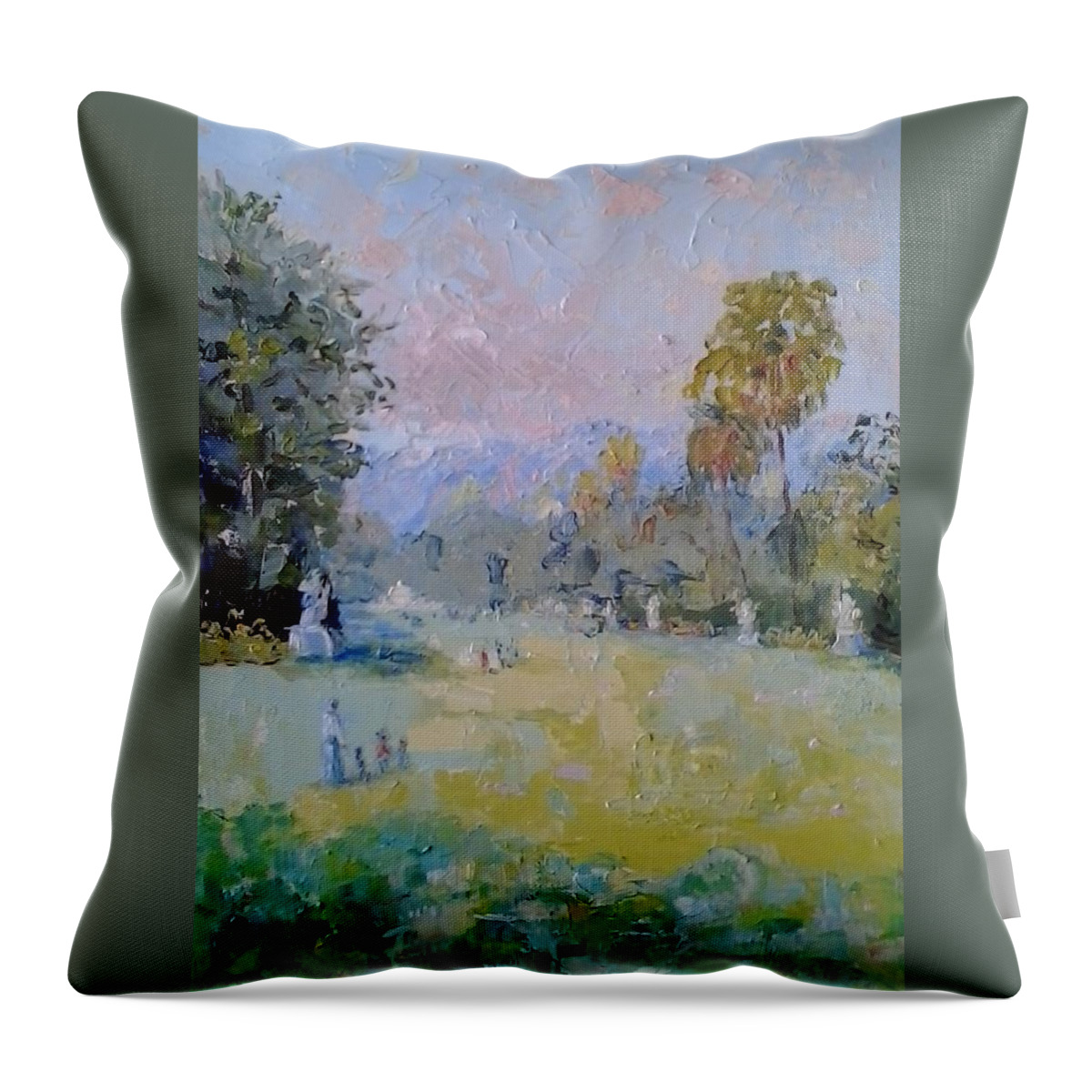Viridian Grass Throw Pillow featuring the painting Lawns and Statues Huntington House San Marino USA by Elinor Fletcher