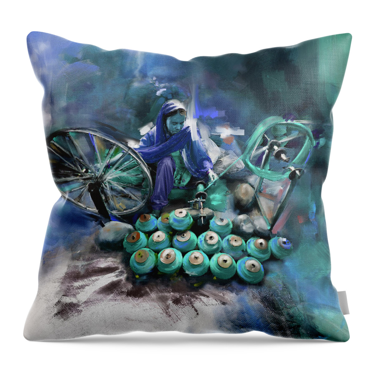 City Throw Pillow featuring the painting Layalpur woman 191 4 by Mawra Tahreem