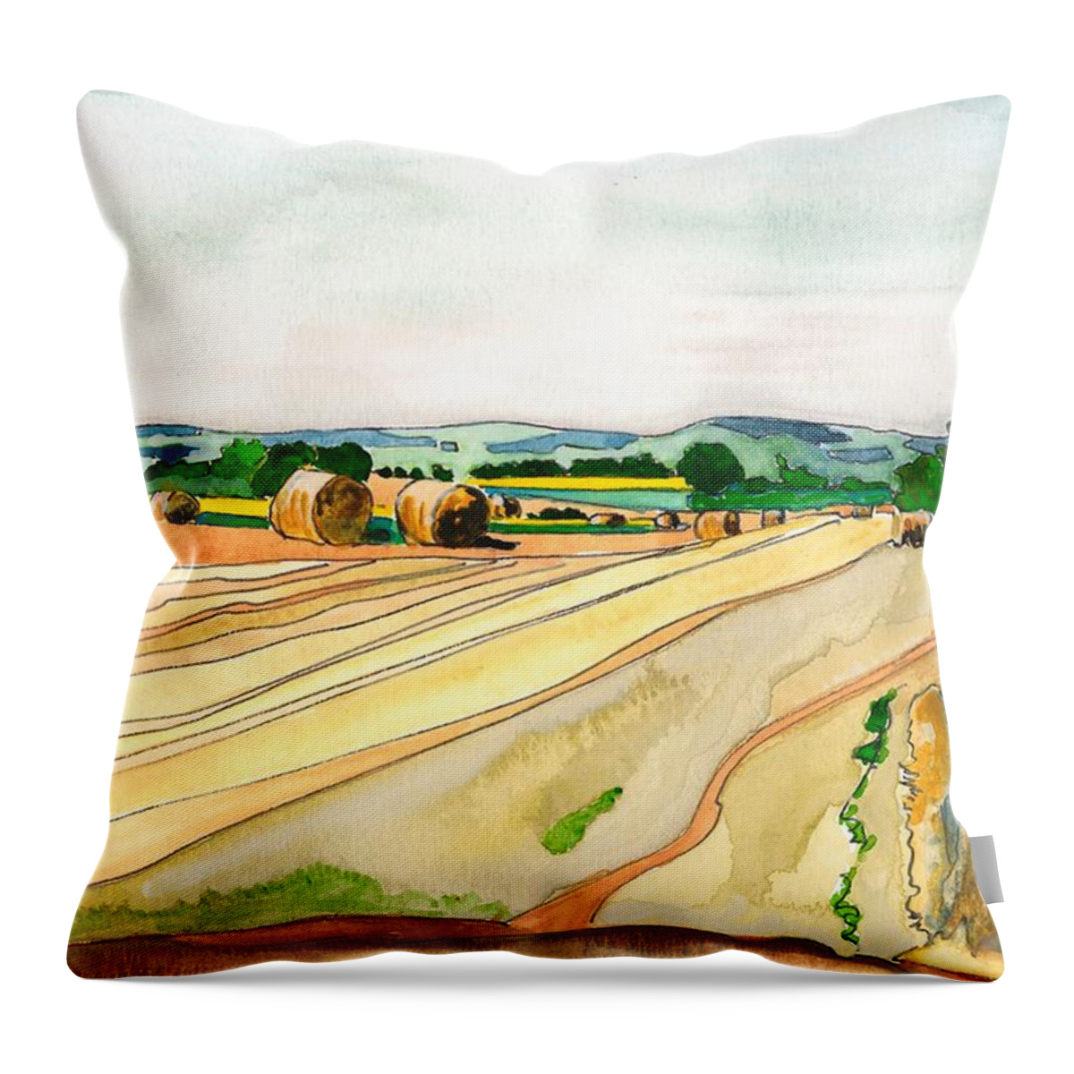 French Countryside Landscape Summer Hayfields Agricultural Patterns Paisay-le-tort  Deux-sevres  Throw Pillow featuring the painting Le Fin de l'Ete, Paizay-Le-Tort by Joan Cordell
