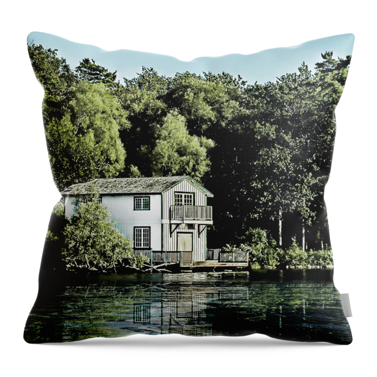 Orillia Throw Pillow featuring the digital art Leacock Boathouse by JGracey Stinson