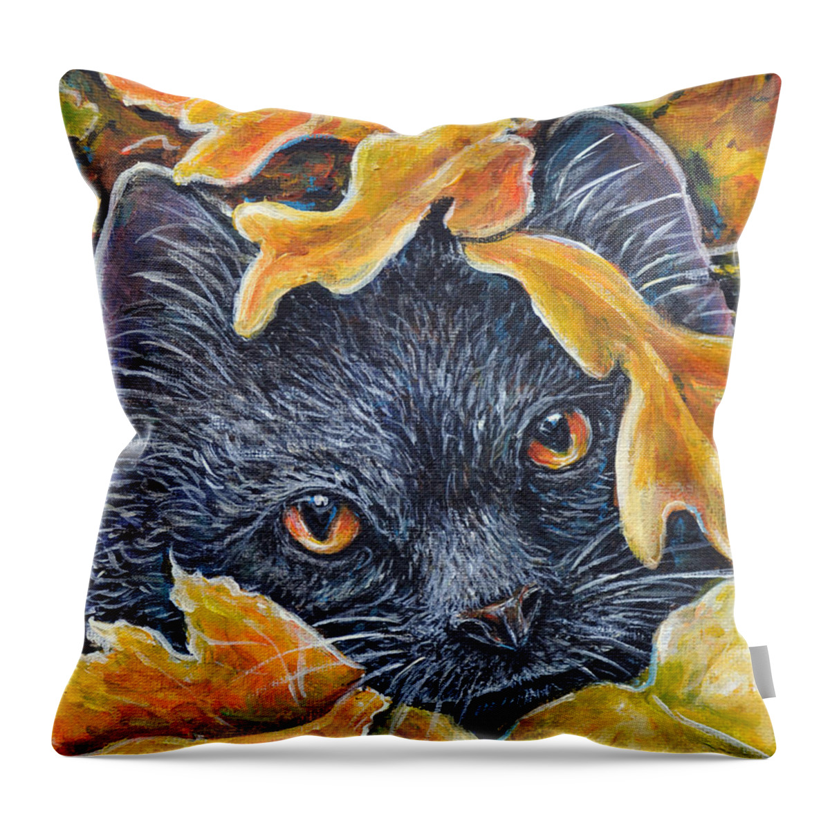Fall Cat Kitten Black Leaves Leaf Orange Throw Pillow featuring the painting Leaf Jumper by Gail Butler
