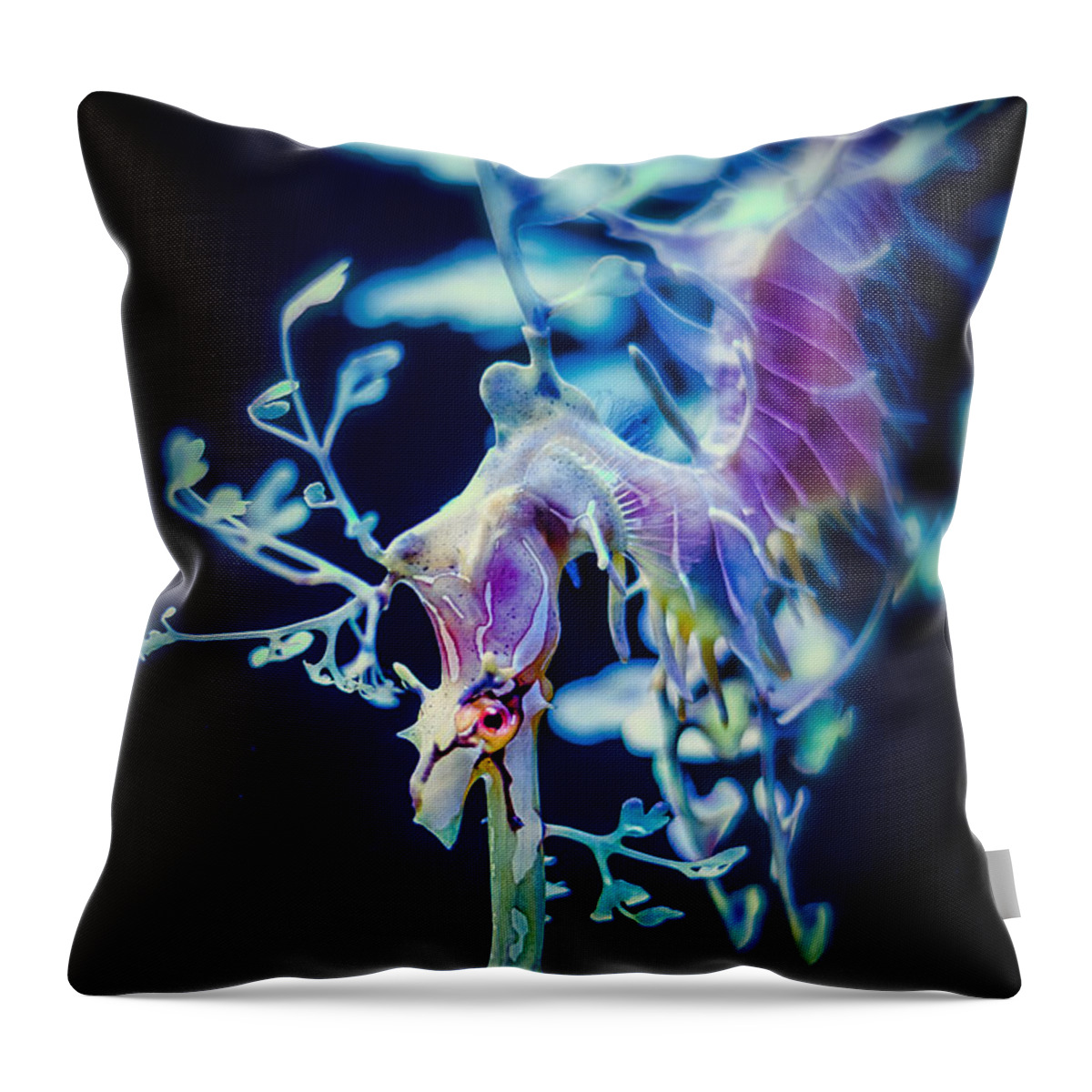 Animals Throw Pillow featuring the photograph Leafy Sea Dragon on Black by Rikk Flohr