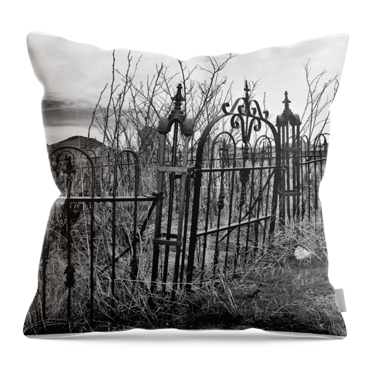Cemetery B&w Throw Pillow featuring the photograph Leaning Cemetery Gate by Sandra Dalton