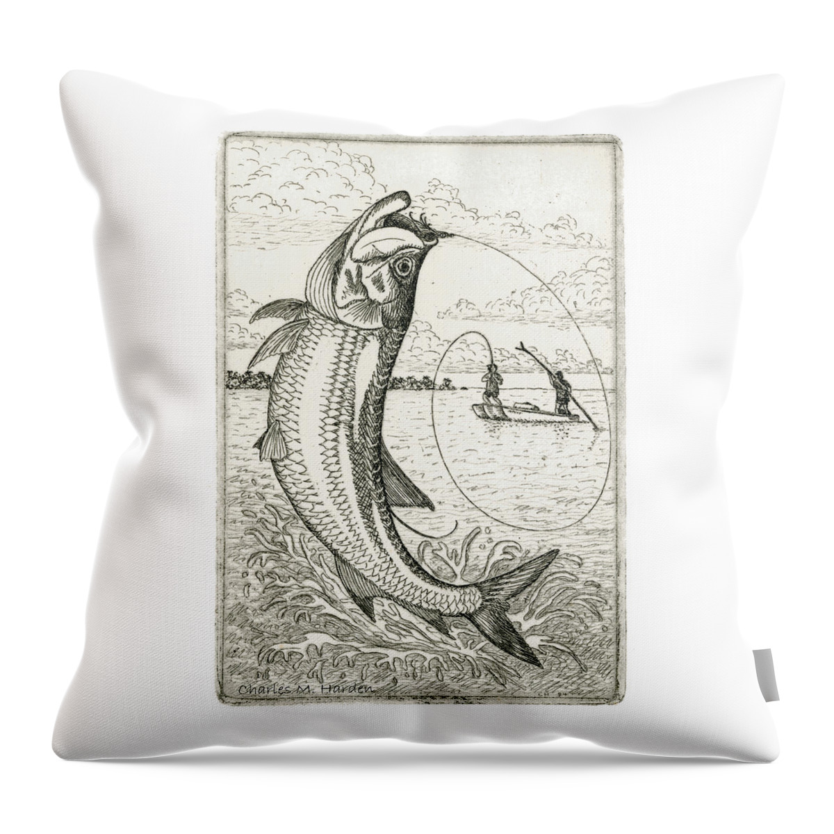 Charles Harden Throw Pillow featuring the drawing Leaping Tarpon by Charles Harden