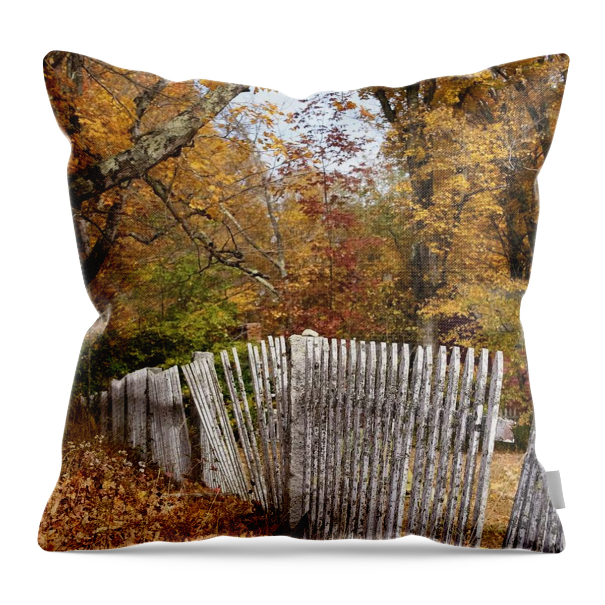 Autumn Throw Pillow featuring the photograph Leaves along the fence by Lois Lepisto