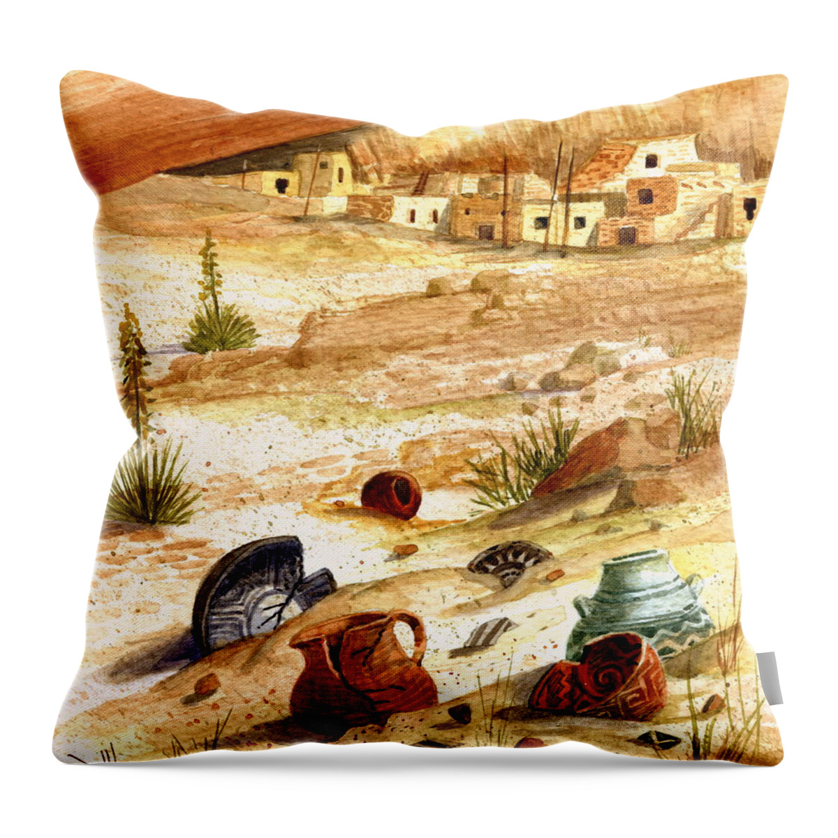 Anasazi Throw Pillow featuring the painting Left Behind - Indian Pottery by Marilyn Smith