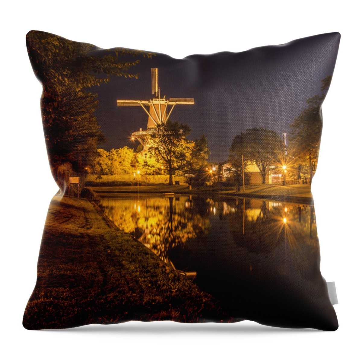 Windmill Throw Pillow featuring the photograph Leiden Windmill By Night by Frans Blok