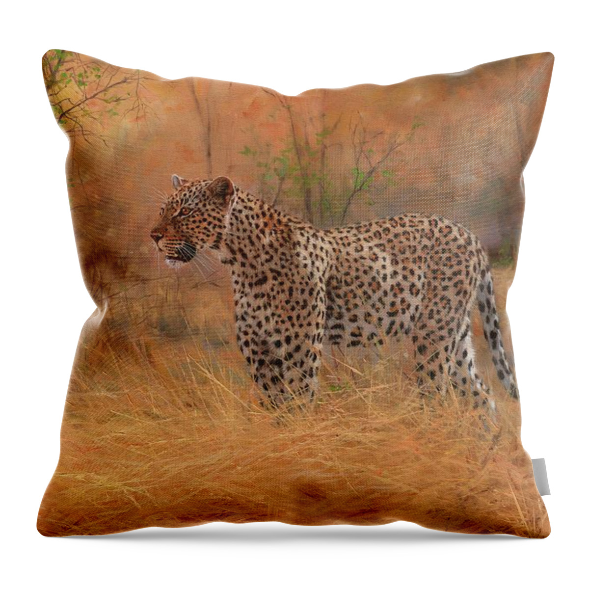 Leopard Throw Pillow featuring the painting Leopard in African Bush by David Stribbling