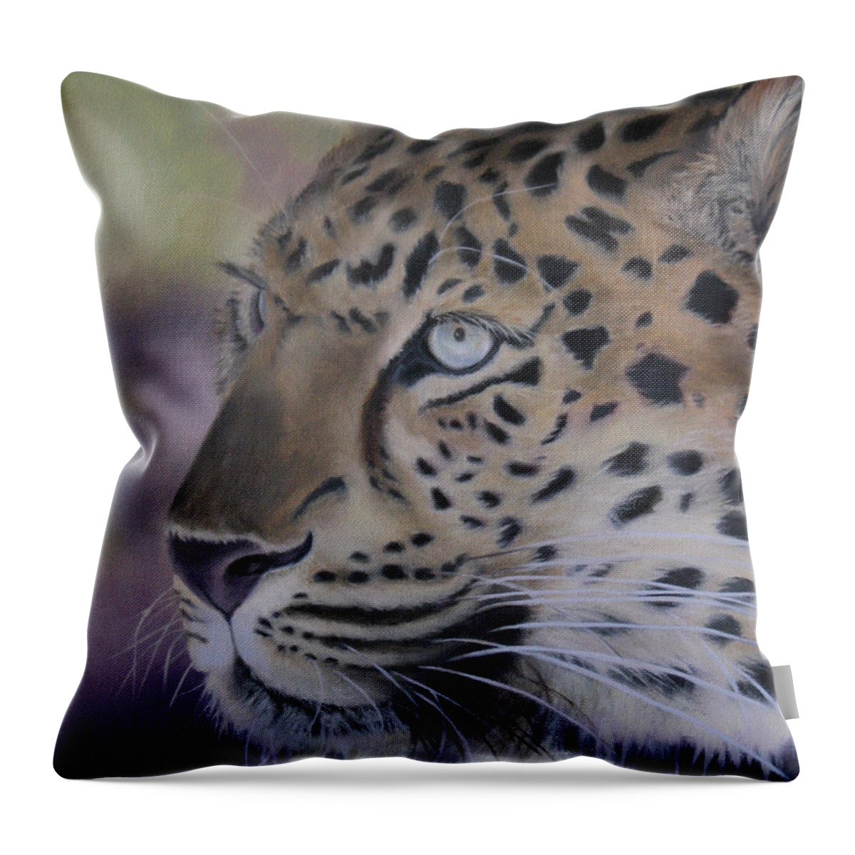 Leopard; Contemplation; Wild Animal; Spots Throw Pillow featuring the painting Leopard by Marg Wolf