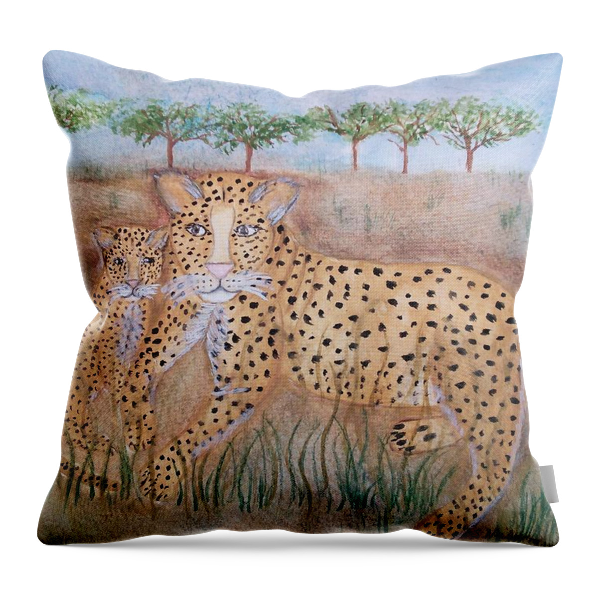 Whimsical Leopard With Cub Throw Pillow featuring the painting Leopard with cub by Susan Nielsen