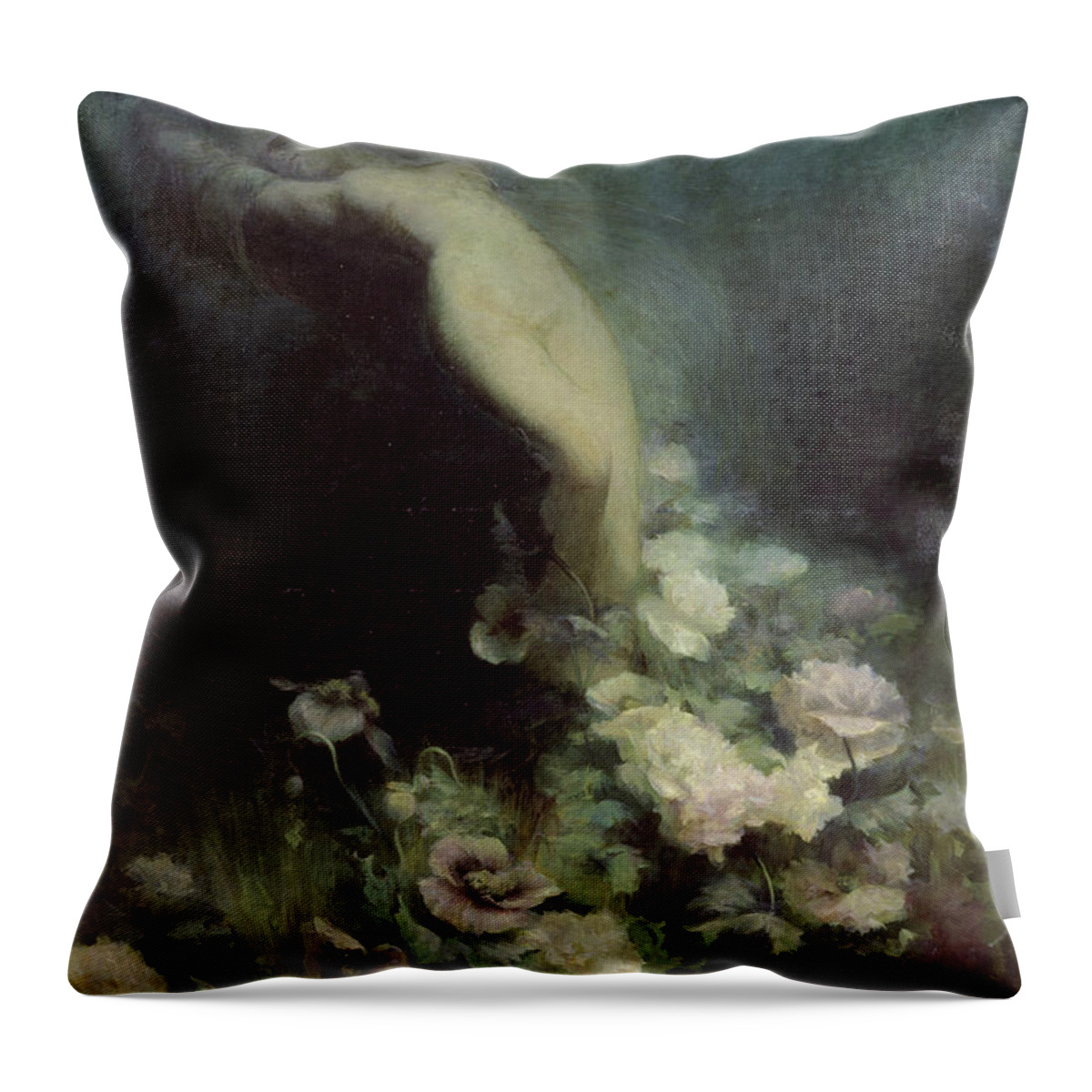 Flowers Of Sleep Throw Pillow featuring the painting Les Fleurs du Sommeil by Achille Theodore Cesbron by Achille Theodore Cesbron