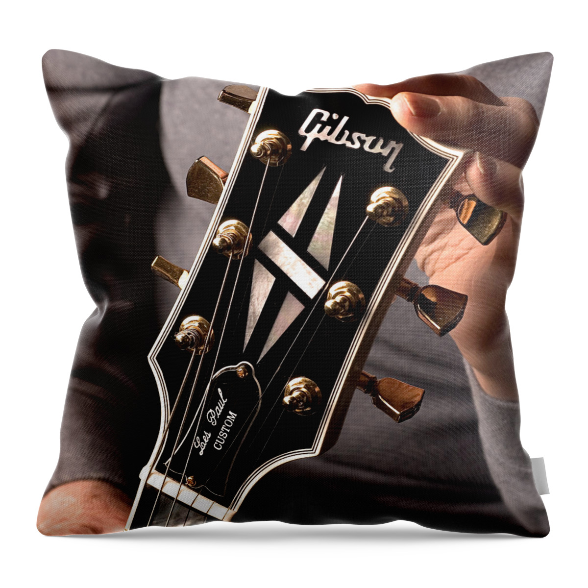 Les Paul Throw Pillow featuring the photograph Les Paul - Hands and Gibson Headstock by Gene Martin by David Smith
