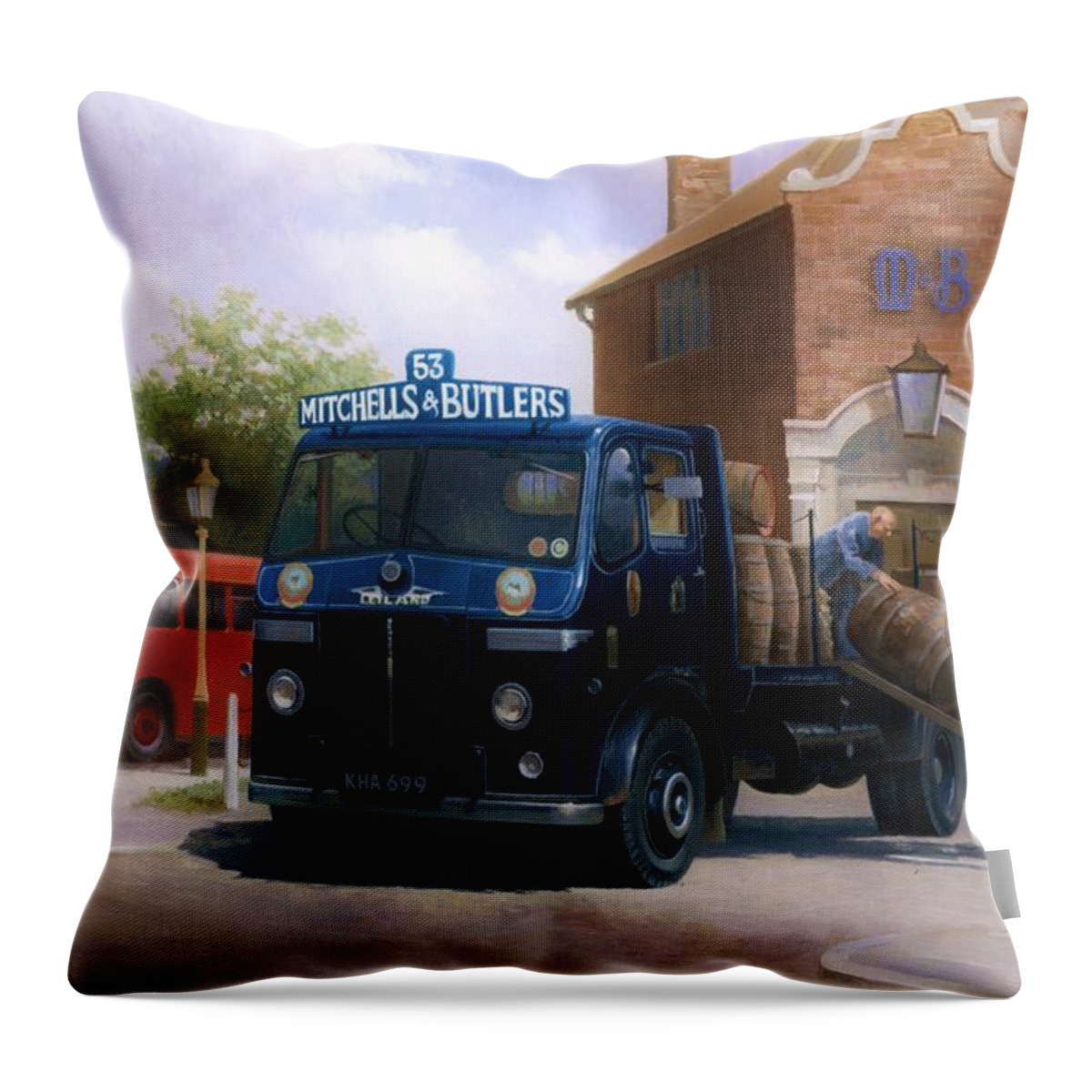 Art For Investment Throw Pillow featuring the painting Leyland dray Mitchell's and Butlers by Mike Jeffries