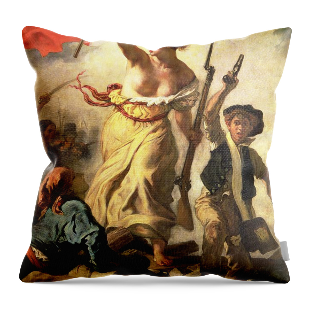 Personification; Female; Bare Breast; Soldier; Bayonet; National Flag; Revolution; Tricolour; Marianne; Freedom Throw Pillow featuring the painting Liberty Leading the People by Eugene Delacroix