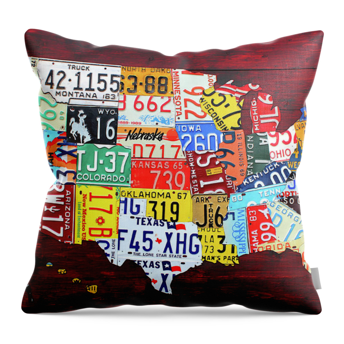 License Plate Map Throw Pillow featuring the mixed media License Plate Map of the United States Custom Edition 2017 by Design Turnpike