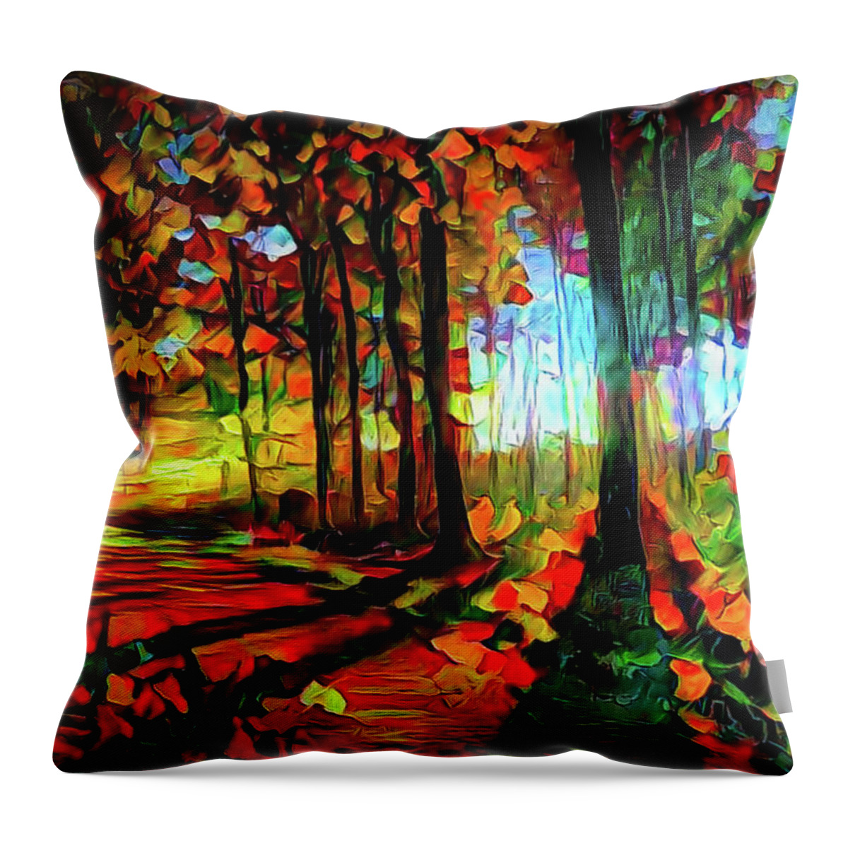 Light Through The Tree Throw Pillow featuring the mixed media Light in the autumn woods by Lilia S