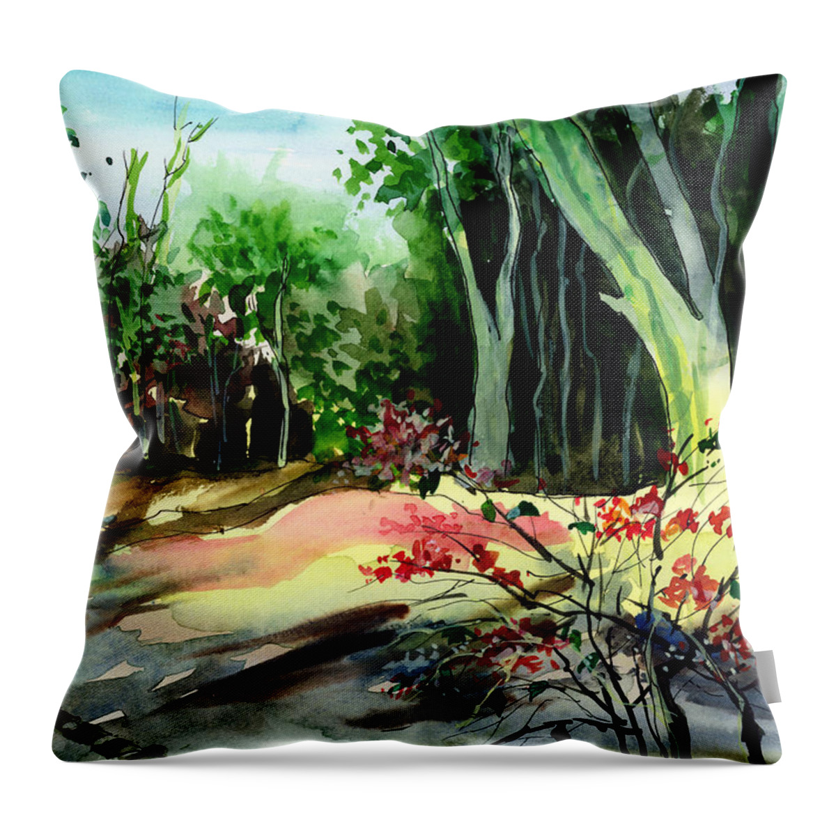 Watercolor Throw Pillow featuring the painting Light in the woods by Anil Nene