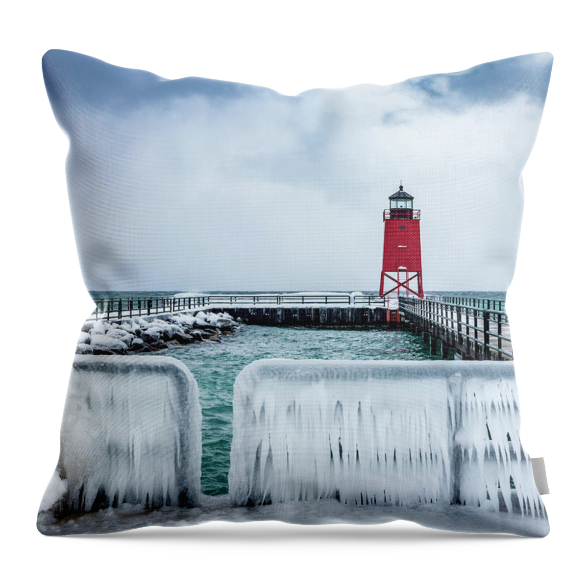  Throw Pillow featuring the photograph Lighthouse and Ice by Framing Places