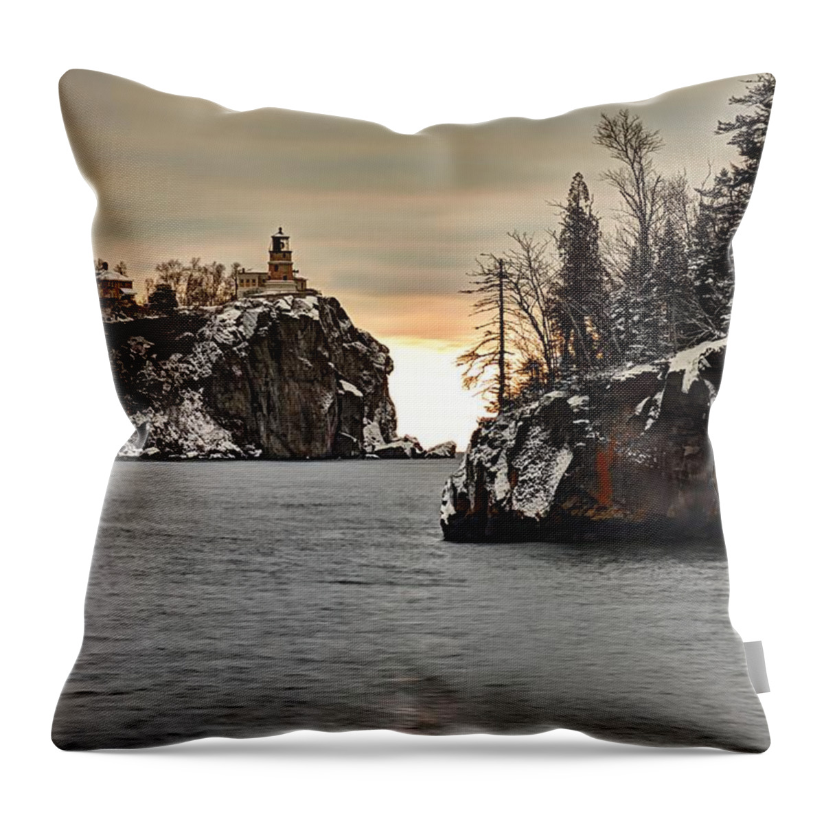 Photography Throw Pillow featuring the photograph Lighthouse and Island at Dawn by Larry Ricker