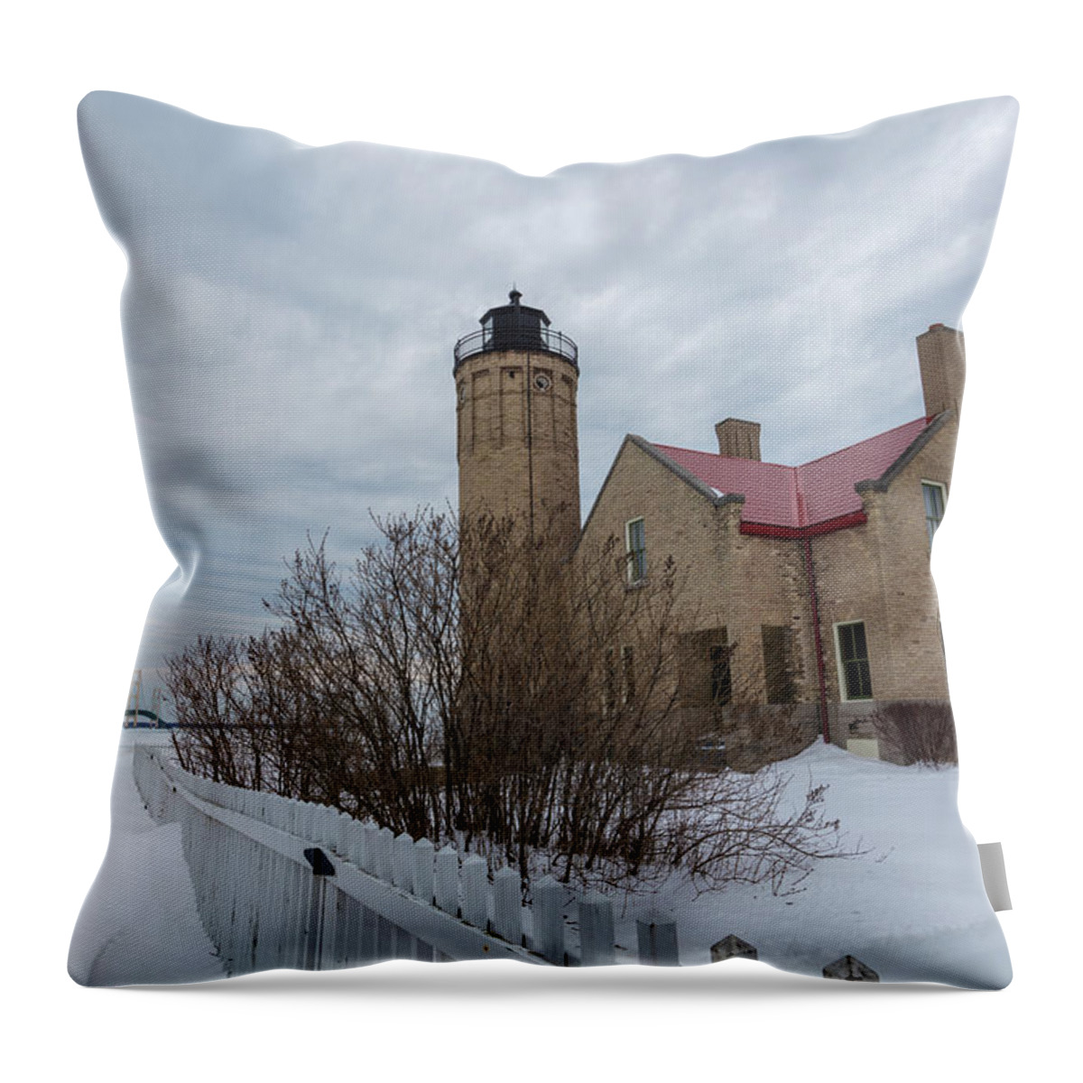 John Mcgraw Throw Pillow featuring the photograph Lighthouse and Mackinac Bridge Winter by John McGraw