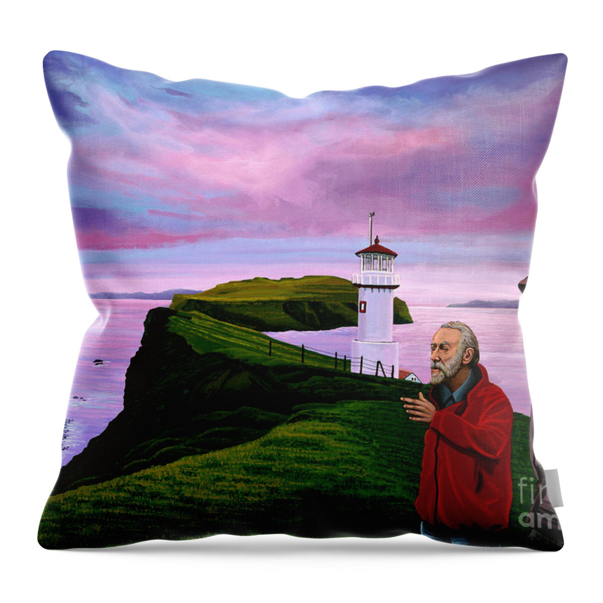 Denmark Throw Pillow featuring the painting Lighthouse at Mykines Faroe Islands by Paul Meijering