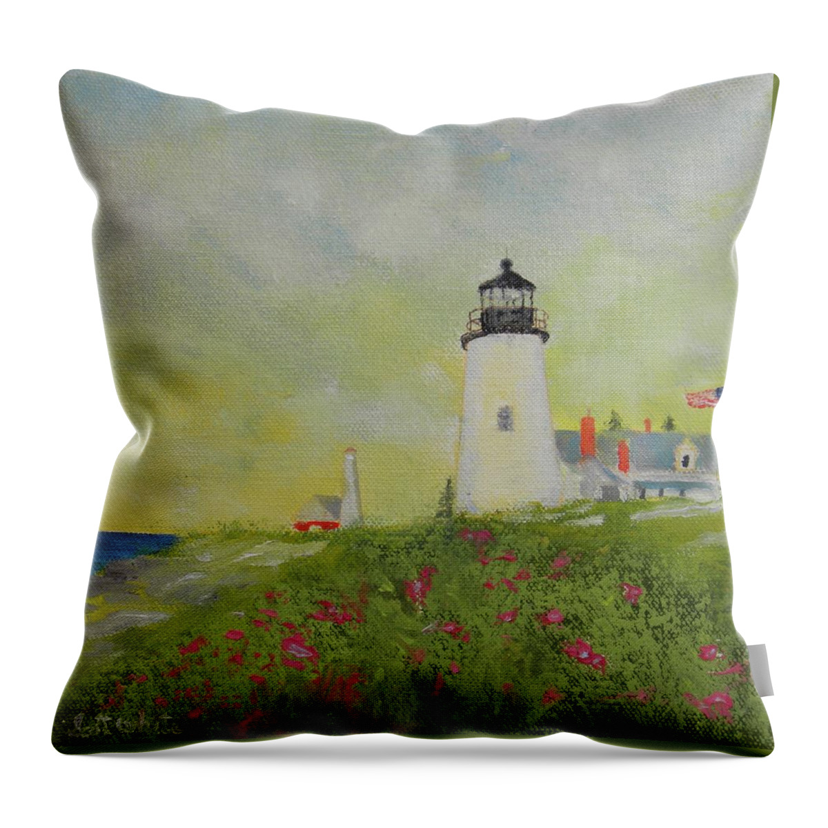 Lighthouse Ocean Landscape Seascape Pemaquid Throw Pillow featuring the painting Lighthouse From Below by Scott W White