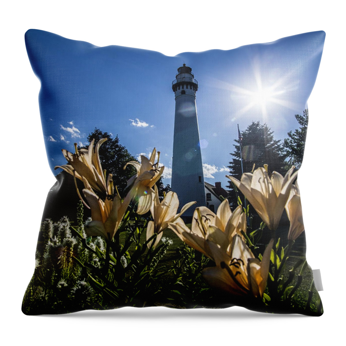 Wind Point Lighthouse Throw Pillow featuring the photograph Lighthouse with a flowery foreground by Sven Brogren