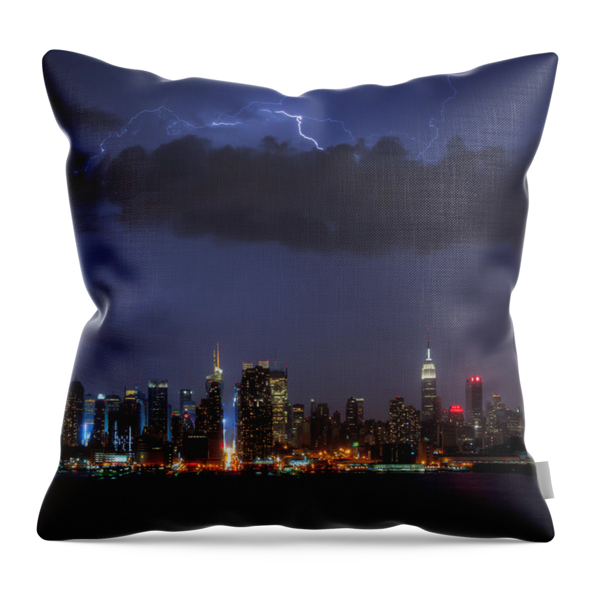 Clarence Holmes Throw Pillow featuring the photograph Lightning Over New York City I by Clarence Holmes