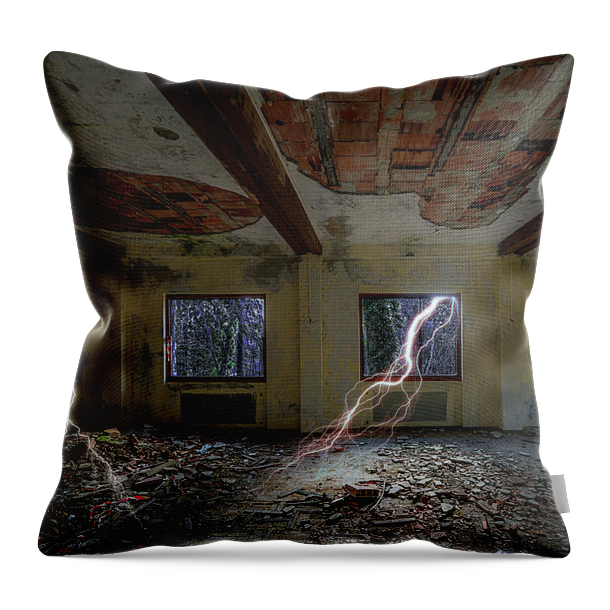 Atmosfera Da Incubo Throw Pillow featuring the photograph LIGHTNINGS ON THE ABANDONED HOTEL - FULMINI su HOTEL ABBANDONATO DELL' ALTA VIA DEI MONTI LIGURI by Enrico Pelos