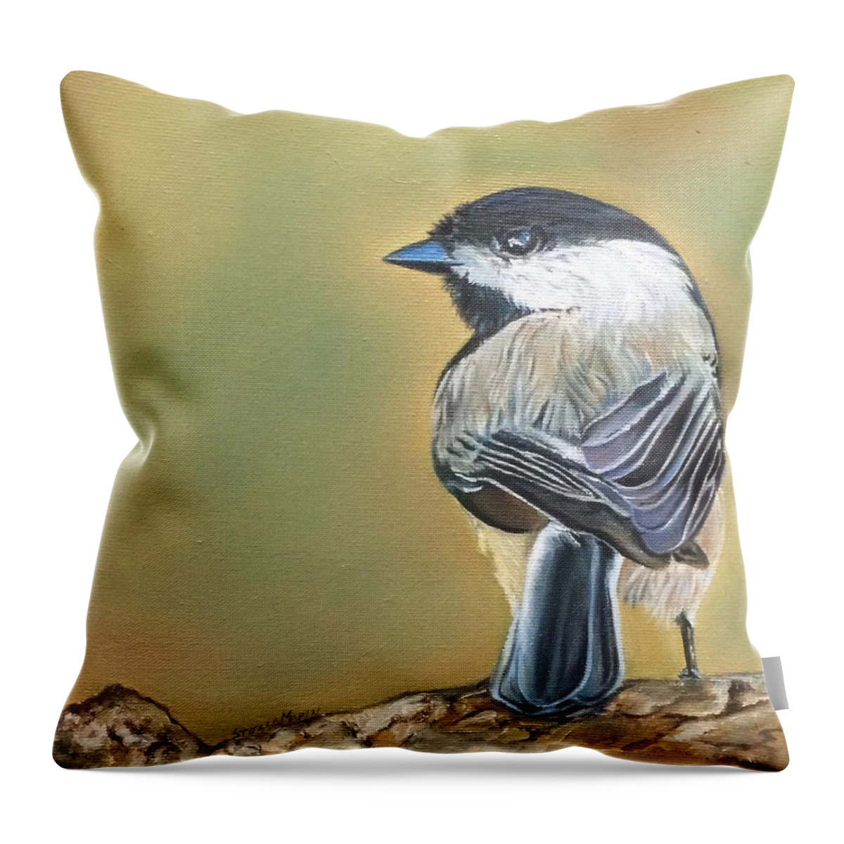 Chickadee Throw Pillow featuring the painting 'Like My Tail' by Stella Marin