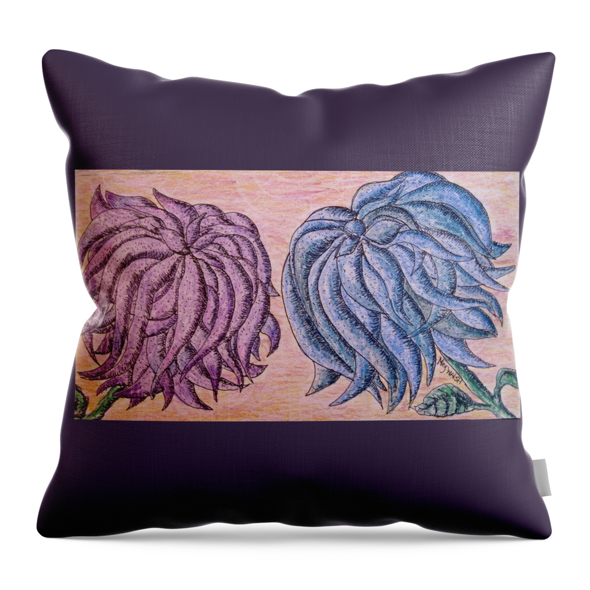 Flowers Throw Pillow featuring the drawing Lilac and Blue Flowers for you by Megan Walsh