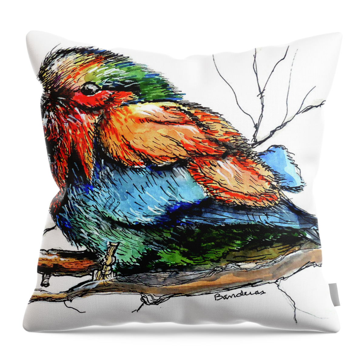 Birds Throw Pillow featuring the painting Lilac Breasted Roller by Terry Banderas