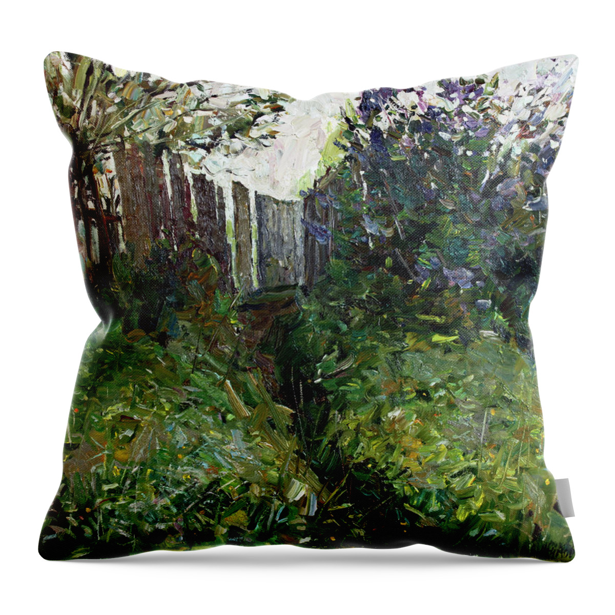 Plein Air Throw Pillow featuring the painting Lilac near old fence by Juliya Zhukova