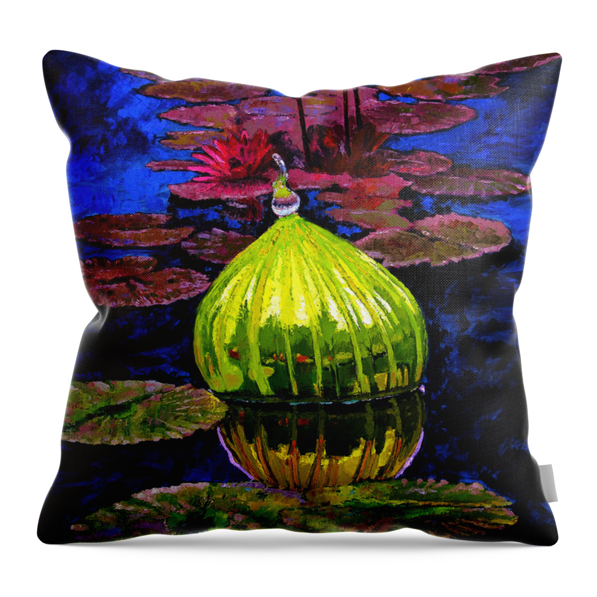 Blown Glass Throw Pillow featuring the painting Lilies and Glass Reflections by John Lautermilch