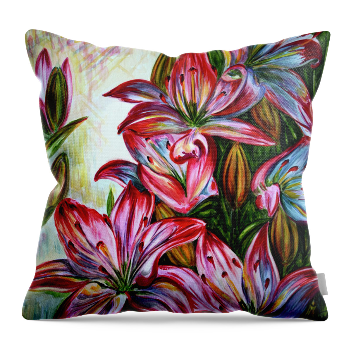Lilies Throw Pillow featuring the painting Lilies by Harsh Malik