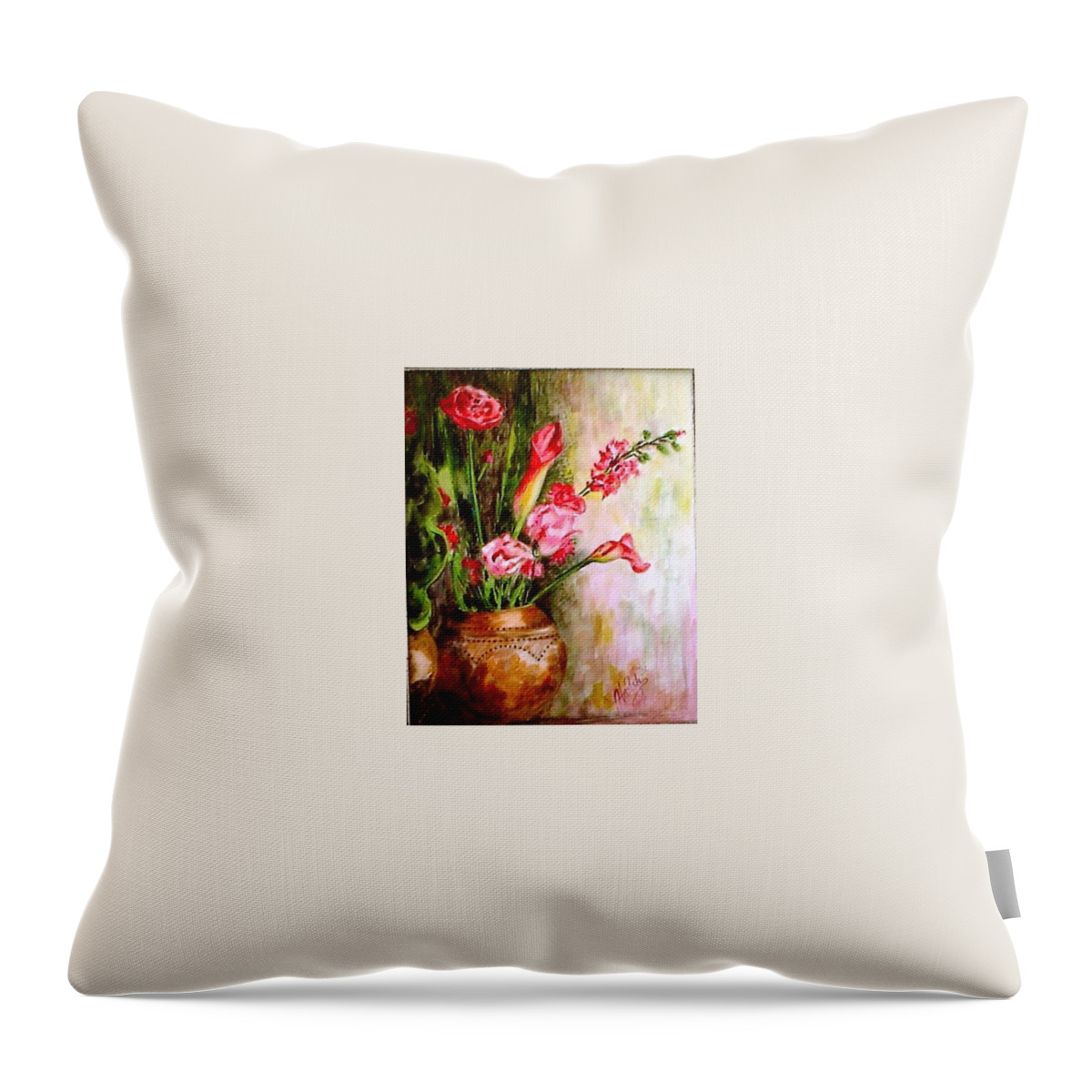 Pots Throw Pillow featuring the painting Lilies in the Pots by Harsh Malik