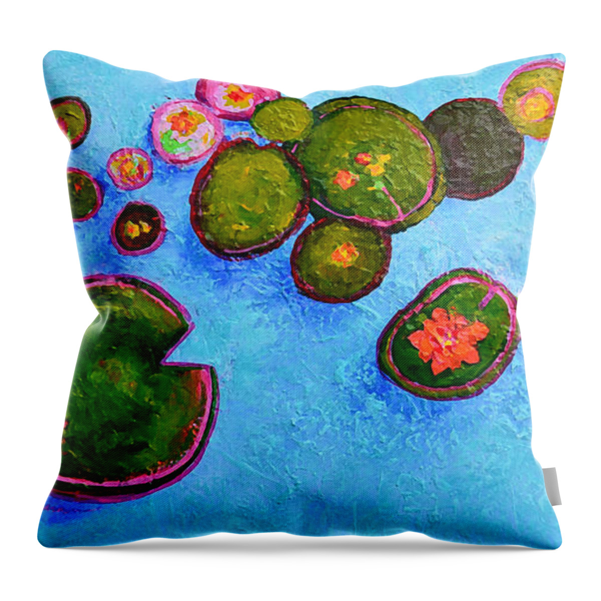 Lily Pads Waterlilies Modern Impressionist Landscape Palette Knife Artwork Unique Art Throw Pillow featuring the painting Lily Pads Waterlilies Pond Modern Impressionist Landscape palette knife Artwork by Patricia Awapara