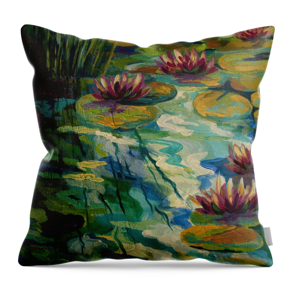 Water Lily Throw Pillow featuring the painting Lily Pond II by Marion Rose
