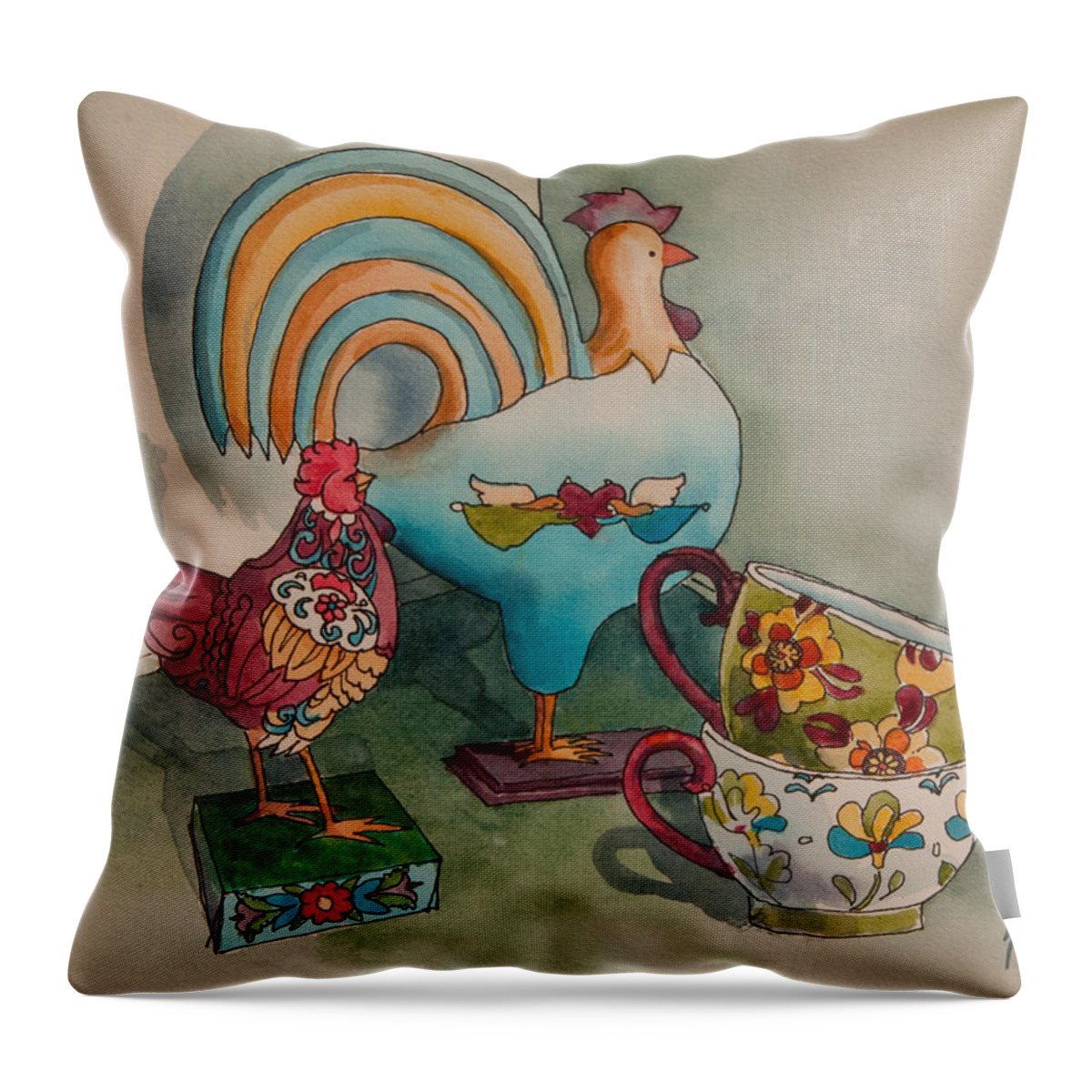 Still Life Throw Pillow featuring the painting Linda's Chickens II by Heidi E Nelson