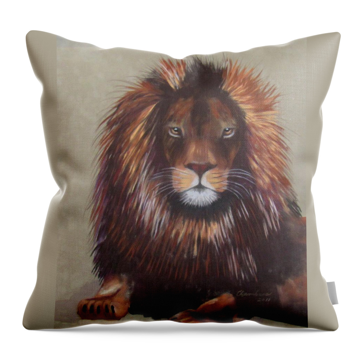 Lion Throw Pillow featuring the painting Lion by Donna Chambers