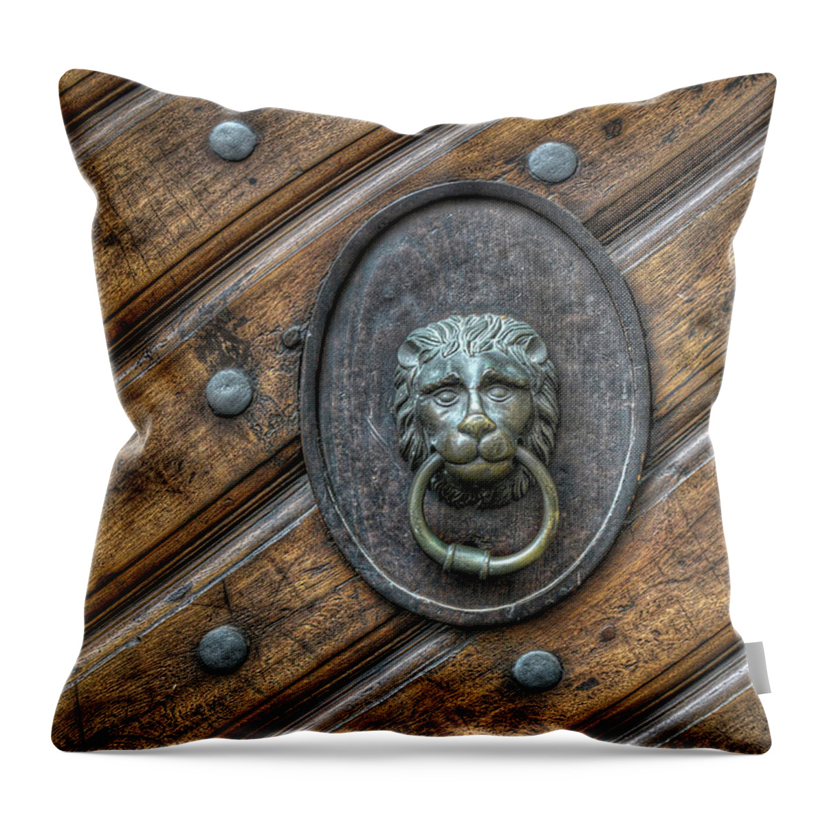  Throw Pillow featuring the photograph Lion Knocker by Michael Kirk