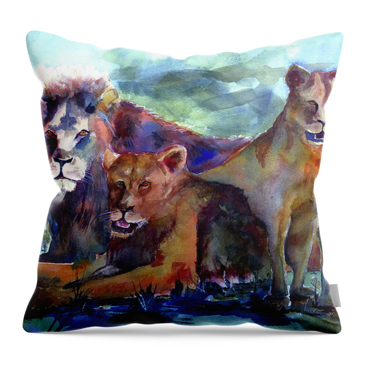 Lions Throw Pillow featuring the painting Lion's Play by Joan Chlarson