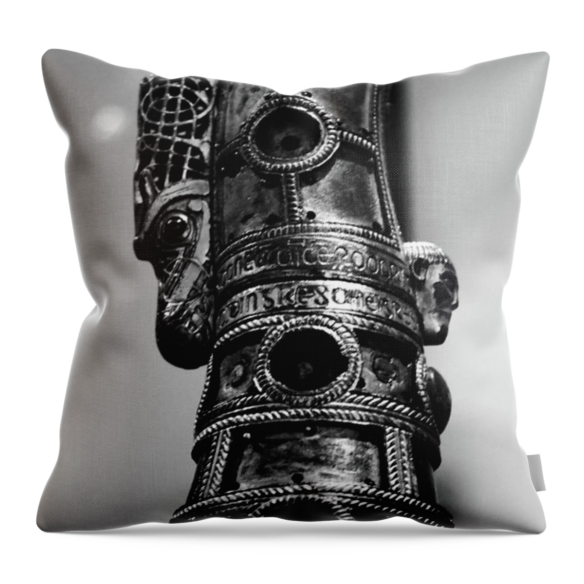 Crozier Throw Pillow featuring the photograph Lismore Crozier Macro Irish Artistic Heritage Black and White by Shawn O'Brien