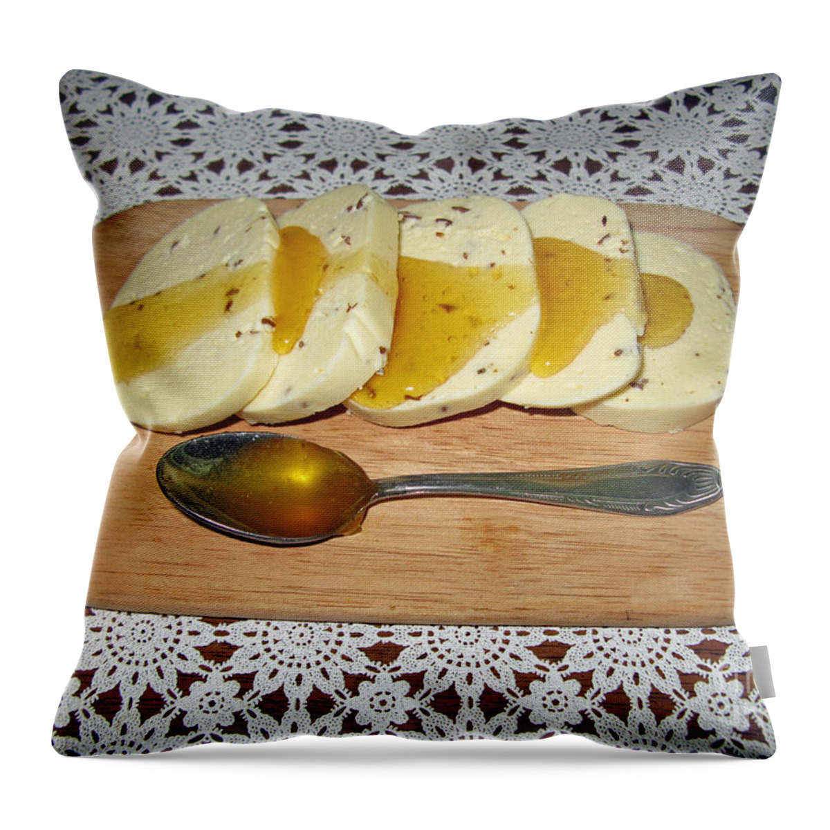 Lithuanian Throw Pillow featuring the photograph Lithuanian national food. Cottage Cheese with Honey. by Ausra Huntington nee Paulauskaite